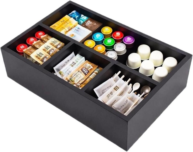 HymoConn Tea Bag Organizer Wood Black, 4 Compartments Tea Bag Holder, Large Capacity Sugar Packet and Coffee Station Organizer, Tea Bags Caddy Drawer Storage Container for Countertop - Image 3